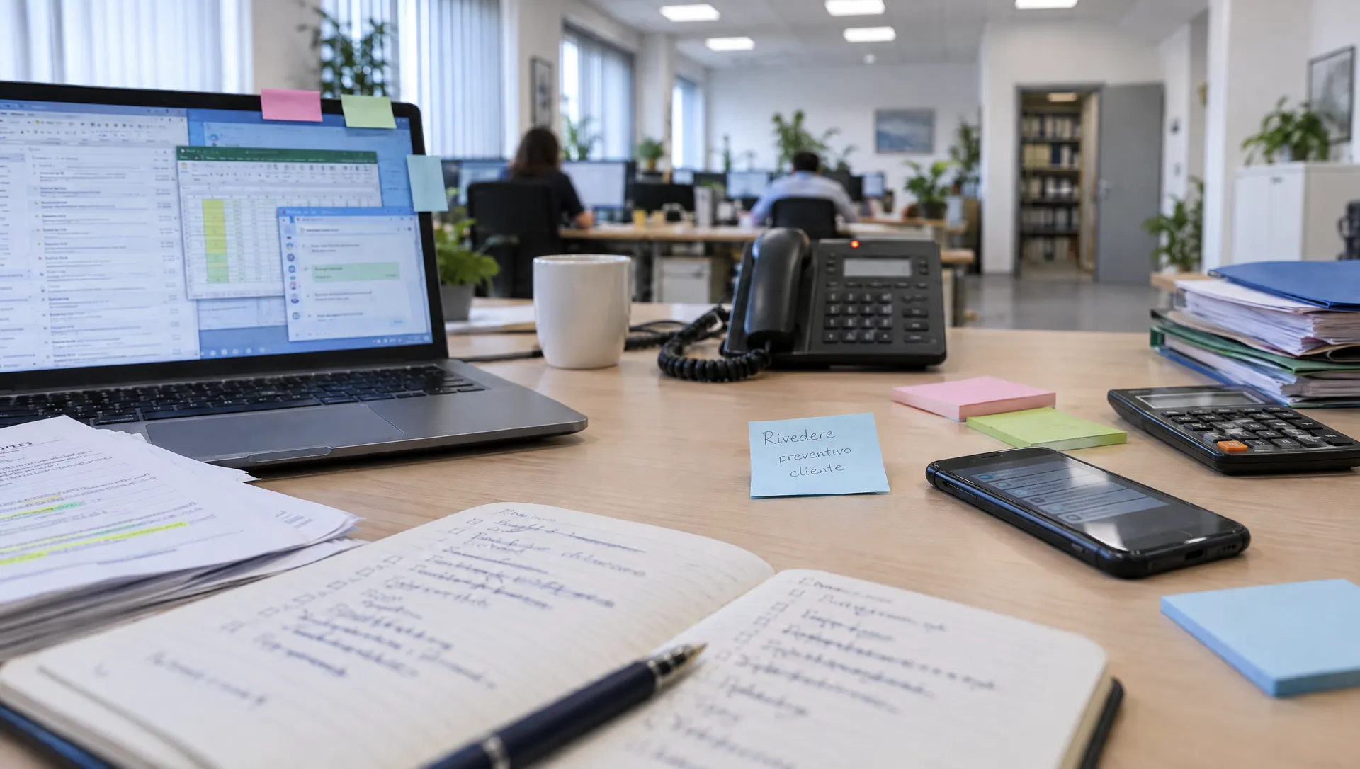 Una scrivania piena di fogli, post-it, un telefono fisso e un portatile, in un ufficio aperto.