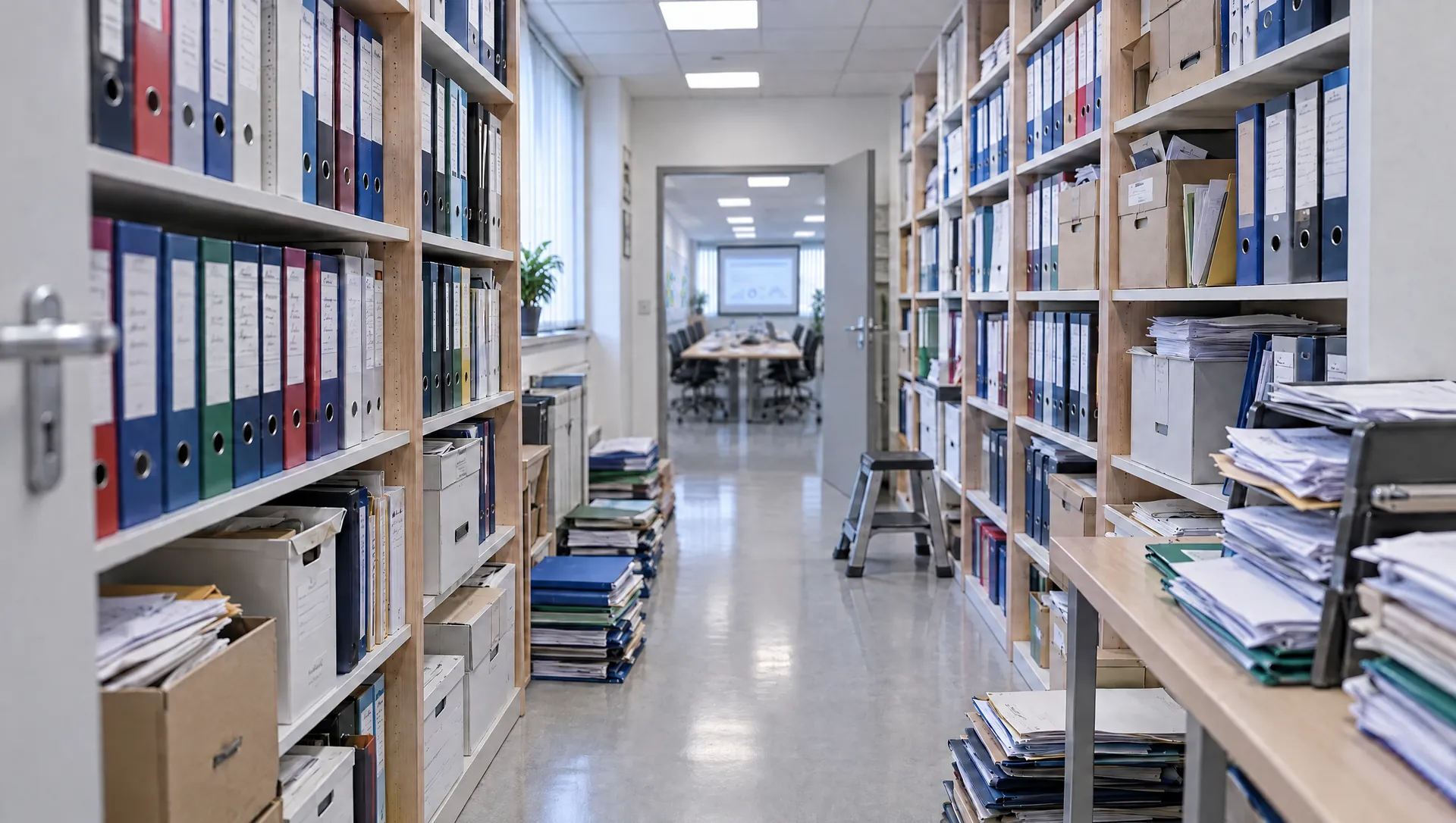 Il corridoio di un archivio con scaffali pieni di raccoglitori, scatole e pile di cartelle a terra.