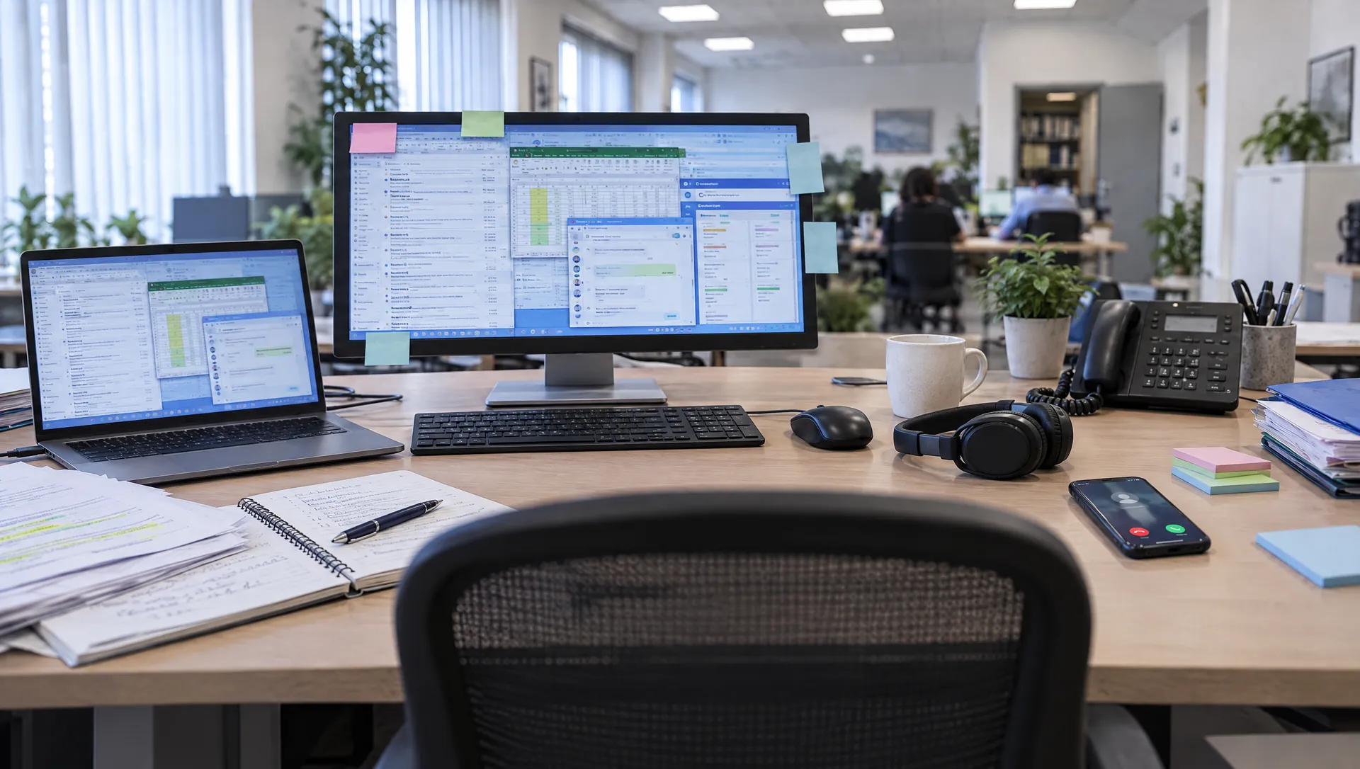 Una postazione vuota con un monitor pieno di finestre aperte e post-it intorno allo schermo.