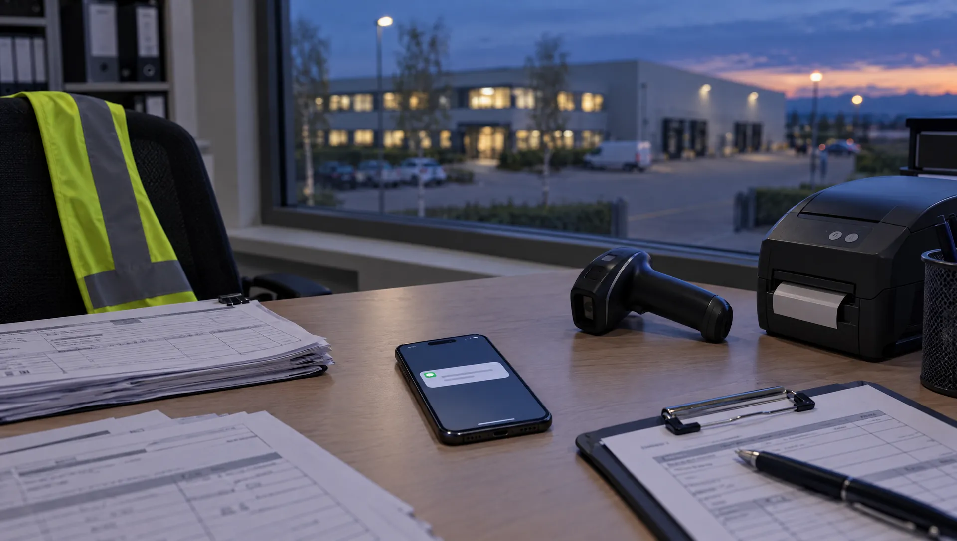 Uno smartphone sulla scrivania dell'ufficio di un magazzino al tramonto, accanto a bolle e a uno scanner.